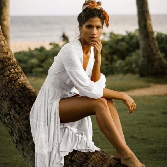 White Boho Maxi Dress Long Sleeve Lace Cover up - Picture 4 of 7